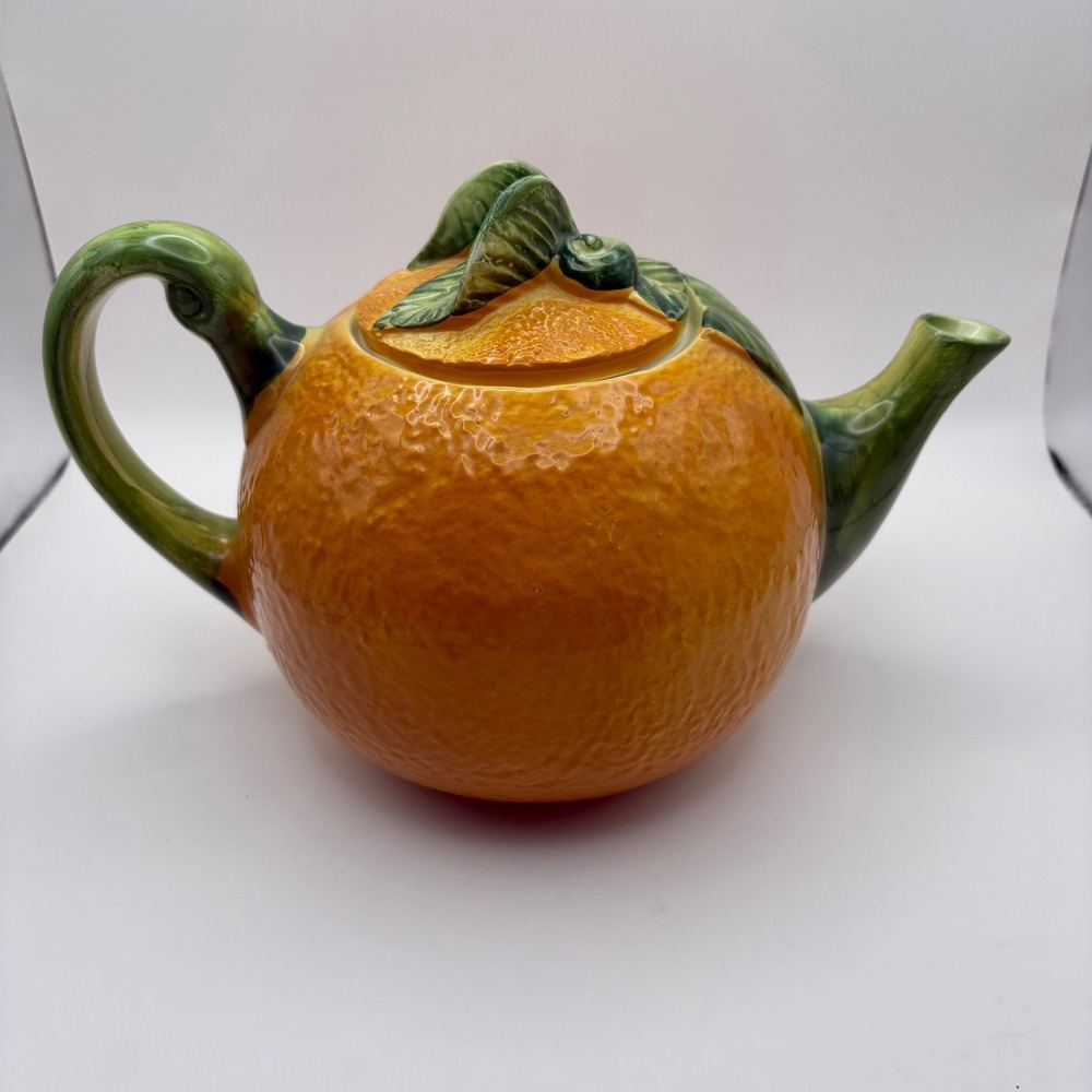 Vintage Italian Ceramic Teapot 6.5" Orange Green Fruit Leaf Spout 11148